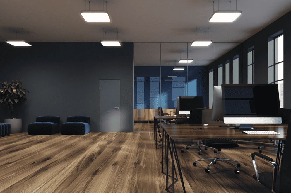 Commercial wood flooring | modern office space with dark hardwood floor